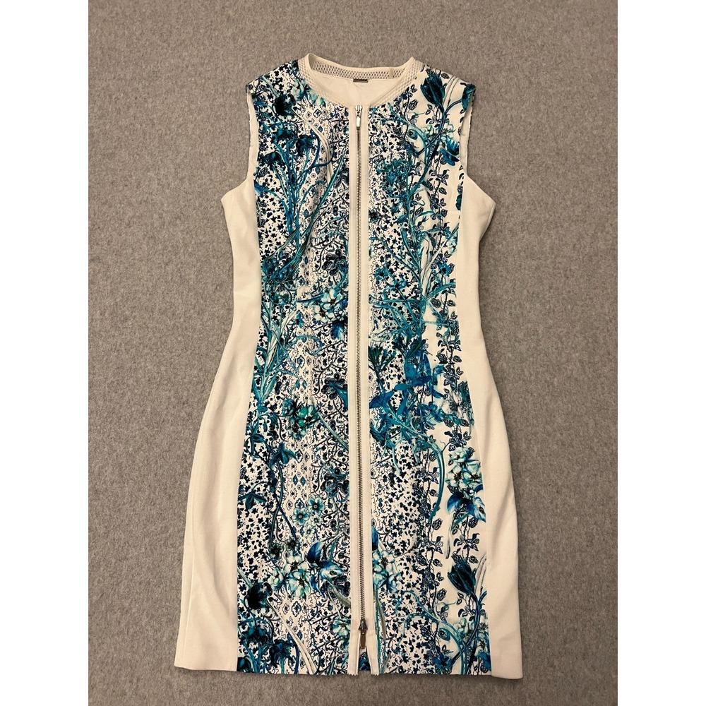 Elie Tahari Dress Women's Small Blue White Floral Front Full Zip Sheath Career